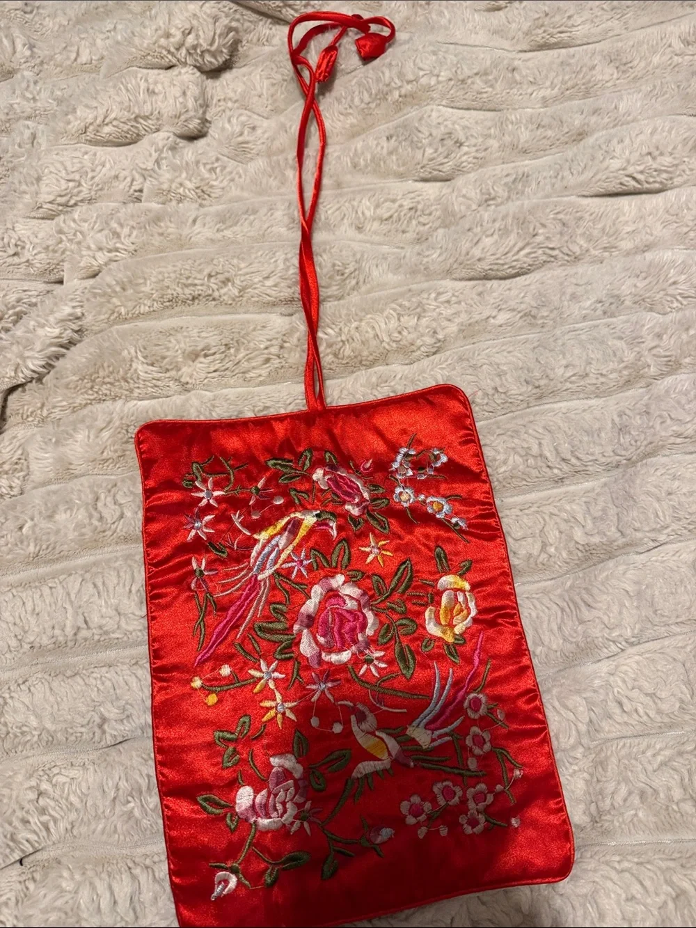 PurseN Red Satin Embroidered Floral Drawstring Pouch